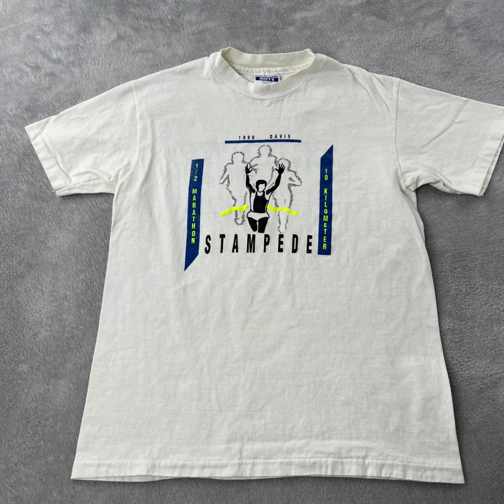 Hanes 1990 Davis Stampede Marathon T-Shirt M White Men Vintage Single Stitch USA